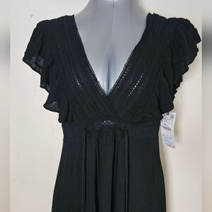 Zara Black Boho Maxi Dress Small S Crochet Lace V-Neck Ruffle Sleeve Flutter Gyp
